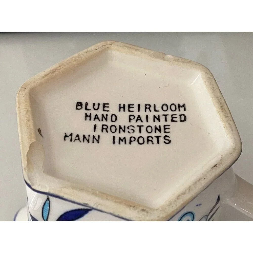 Vintage Ironstone Mann Import Blue Heirloom Hand Painted Floral Creamer 4